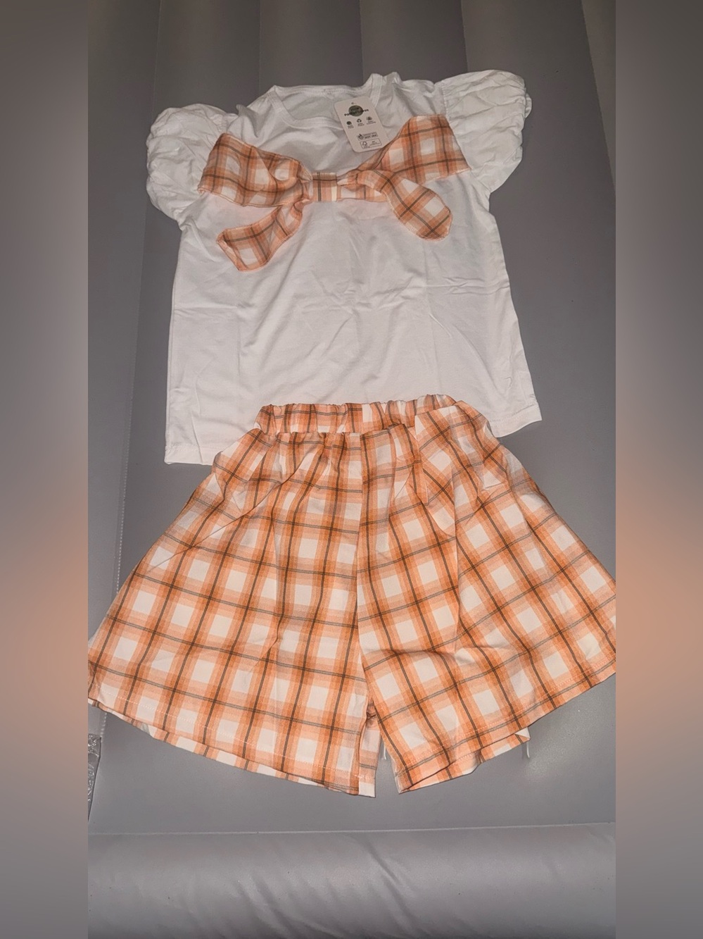 PatPat White Top & Orange Plaid Bermudas Kids Matching Set